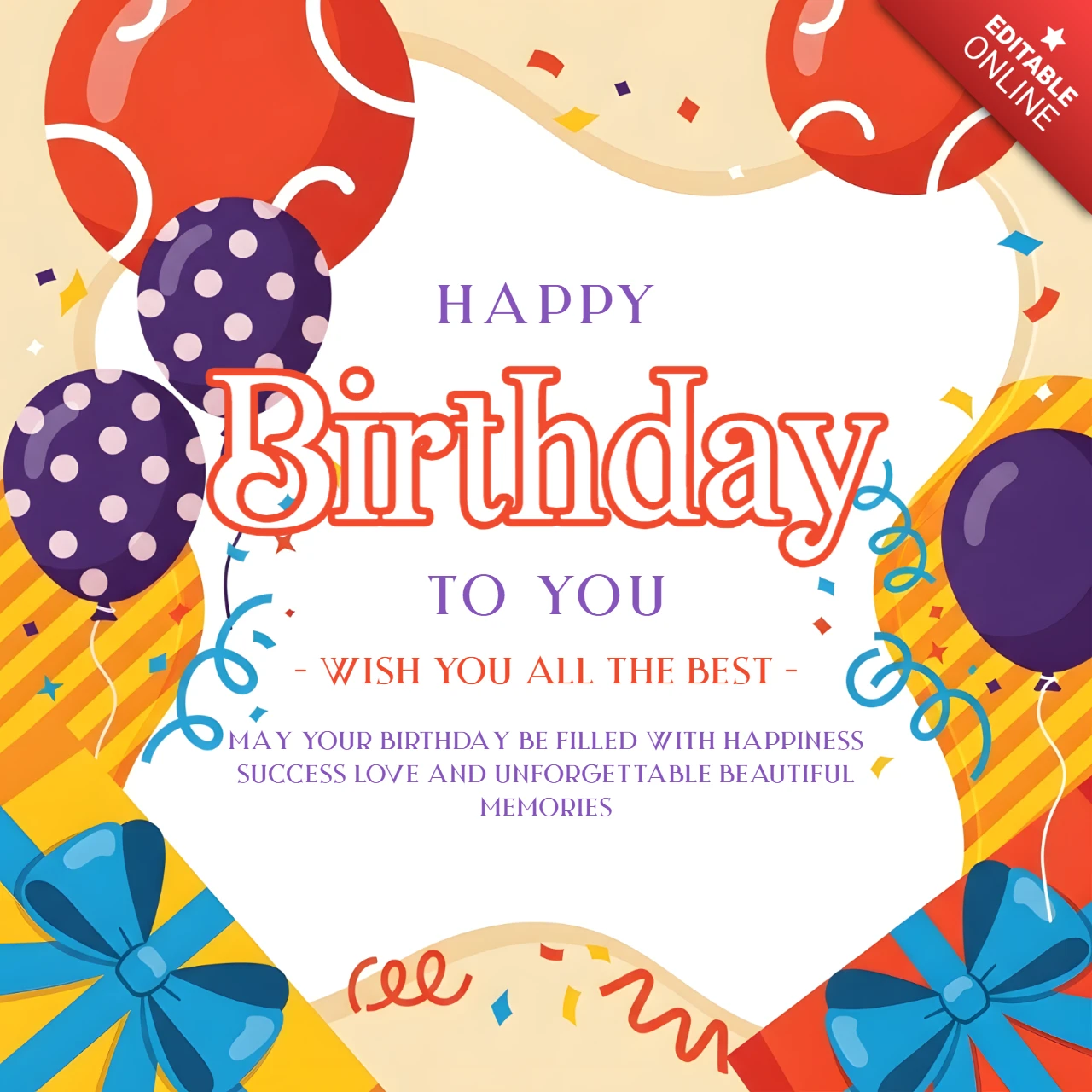 Plantilla de diseño de fiesta de cumpleaños colorida con globos y confeti para tarjetas de felicitación.