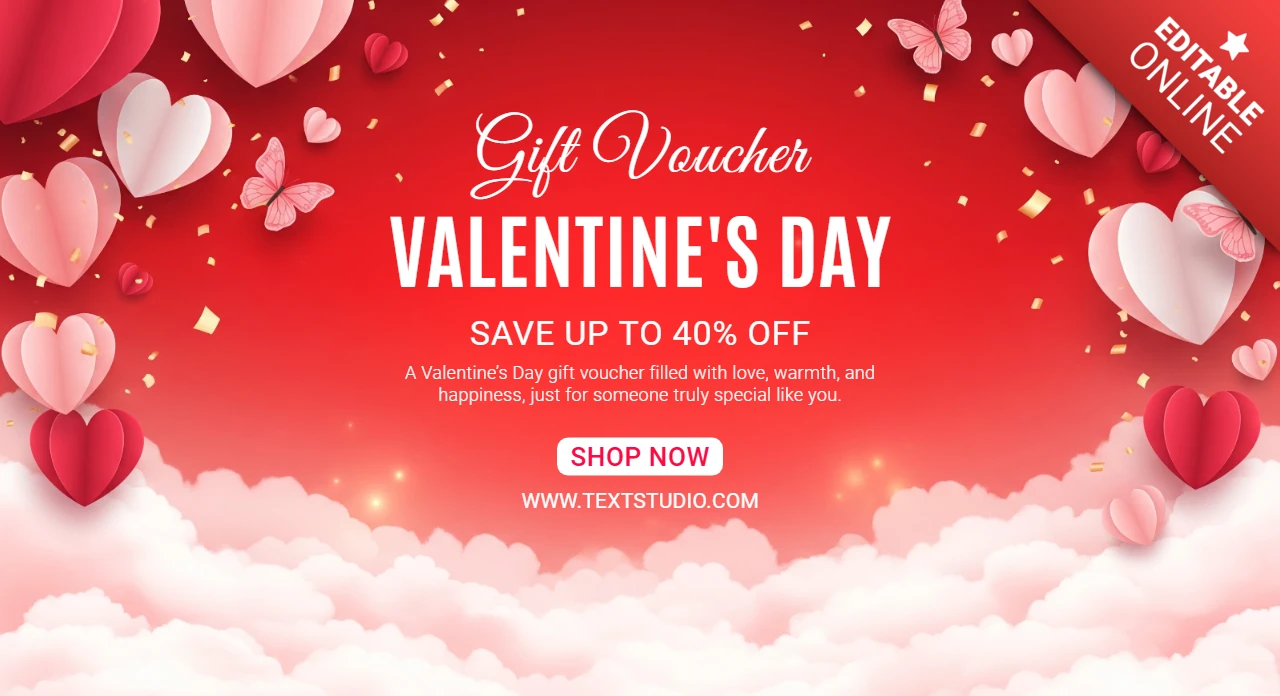 Modèle de bon cadeau romantique pour la Saint-Valentin avec des ballons en forme de cœur, des nuages roses et un fond festif.