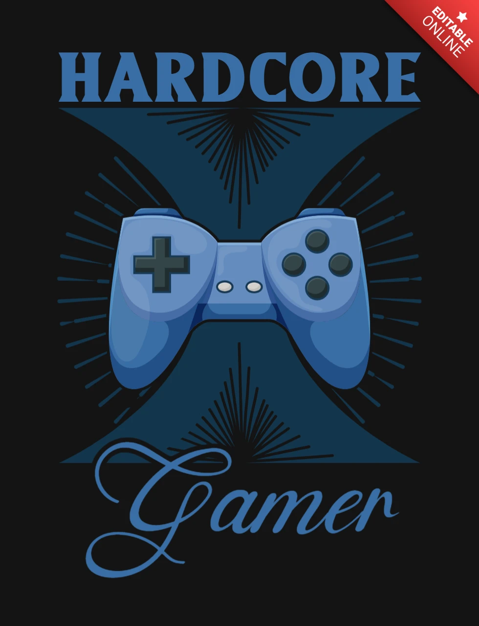 Hardcore Gamer Blue Game Controller Gaming Quote T-Shirt Design Template