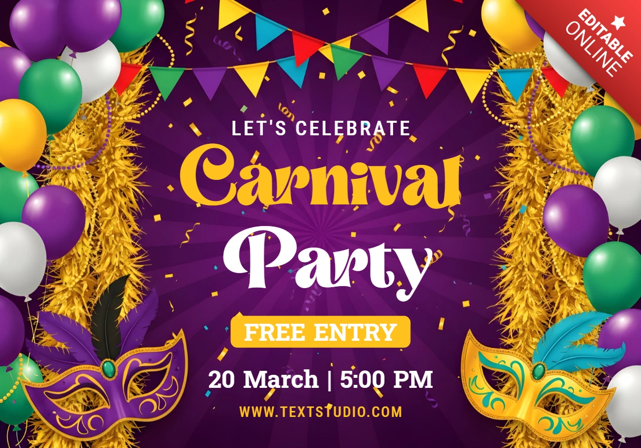 Colorful Carnival Party Invitation Template with Festive Masks and Balloons Design