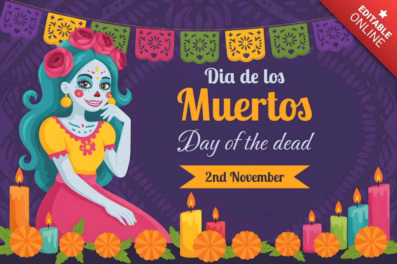 Design del Día de los Muertos per biglietti di auguri festivi con teschi colorati e candele.