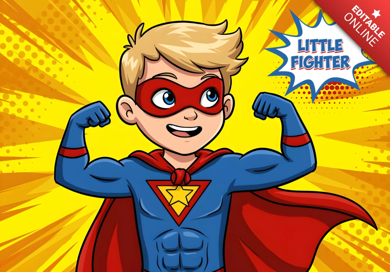 Little Fighter Cartoon Superhero Flexing with Star Emblem & Yellow Comic Poster Design Template