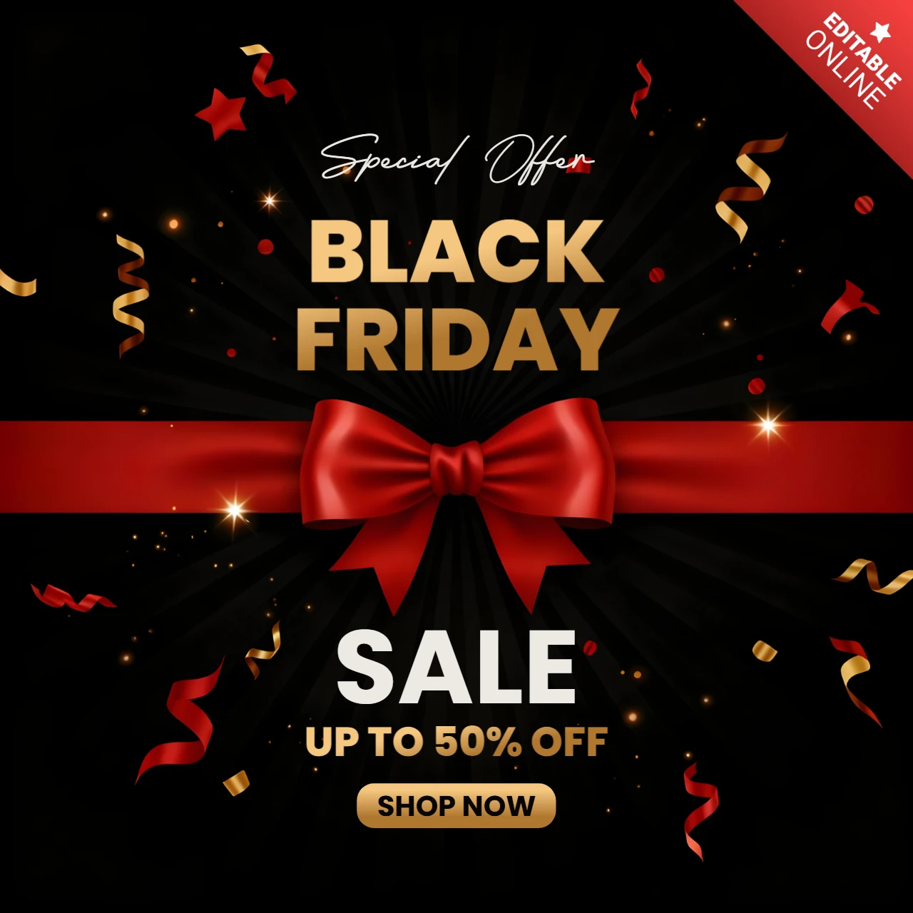 Modello di design per la vendita del Black Friday con nastro rosso ed elementi festivi per volantini promozionali