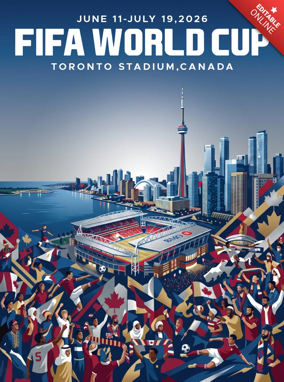 Fifa Wereldbeker 2026 Toronto gaststad poster met nadruk op stadion voetbalwedstrijd feestelijke menigte CN Tower skyline en nationale trots