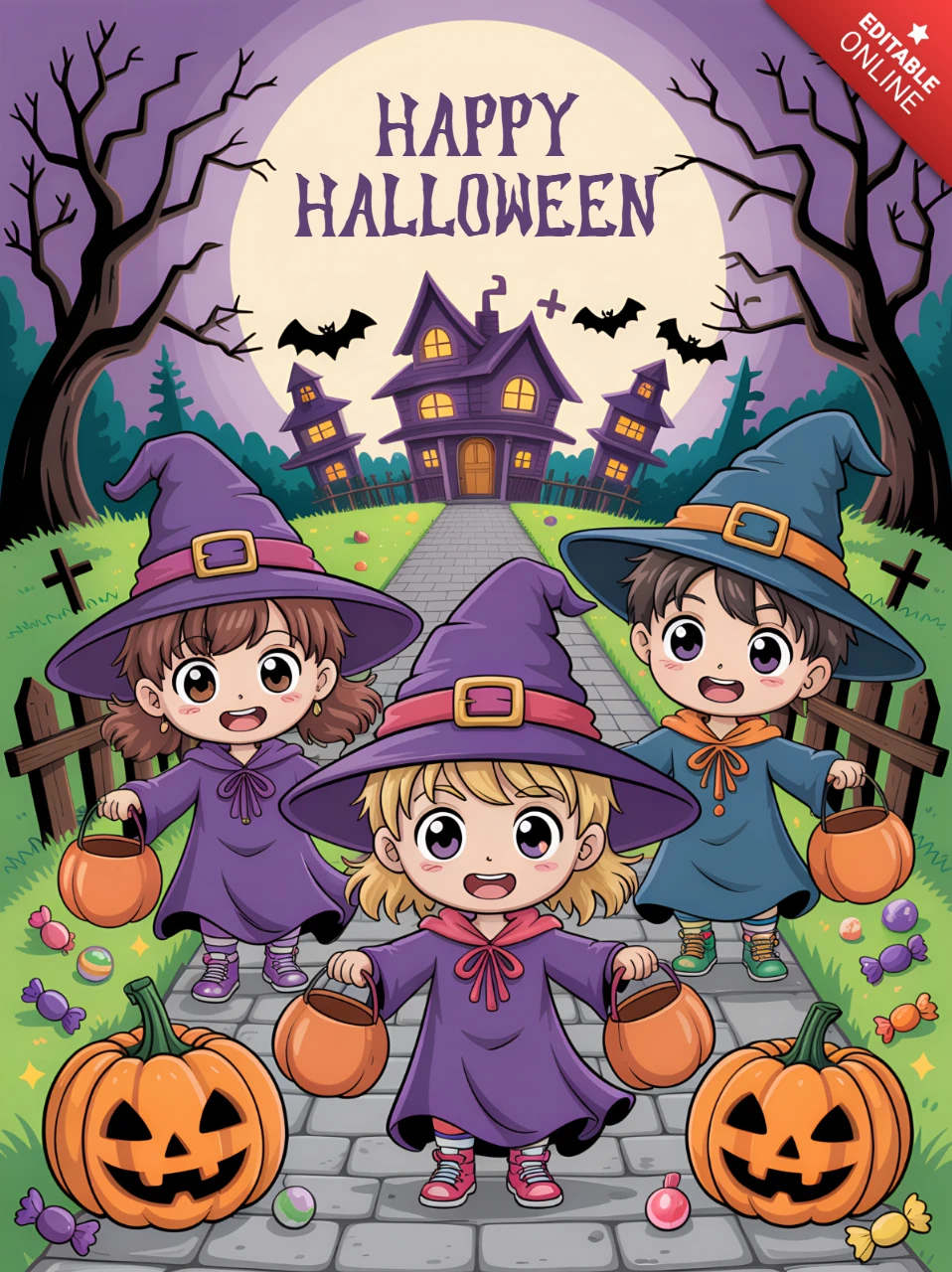 Verspielt chibi Halloween-Design mit Kindern in Kostümen für Grußkartenvorlagen