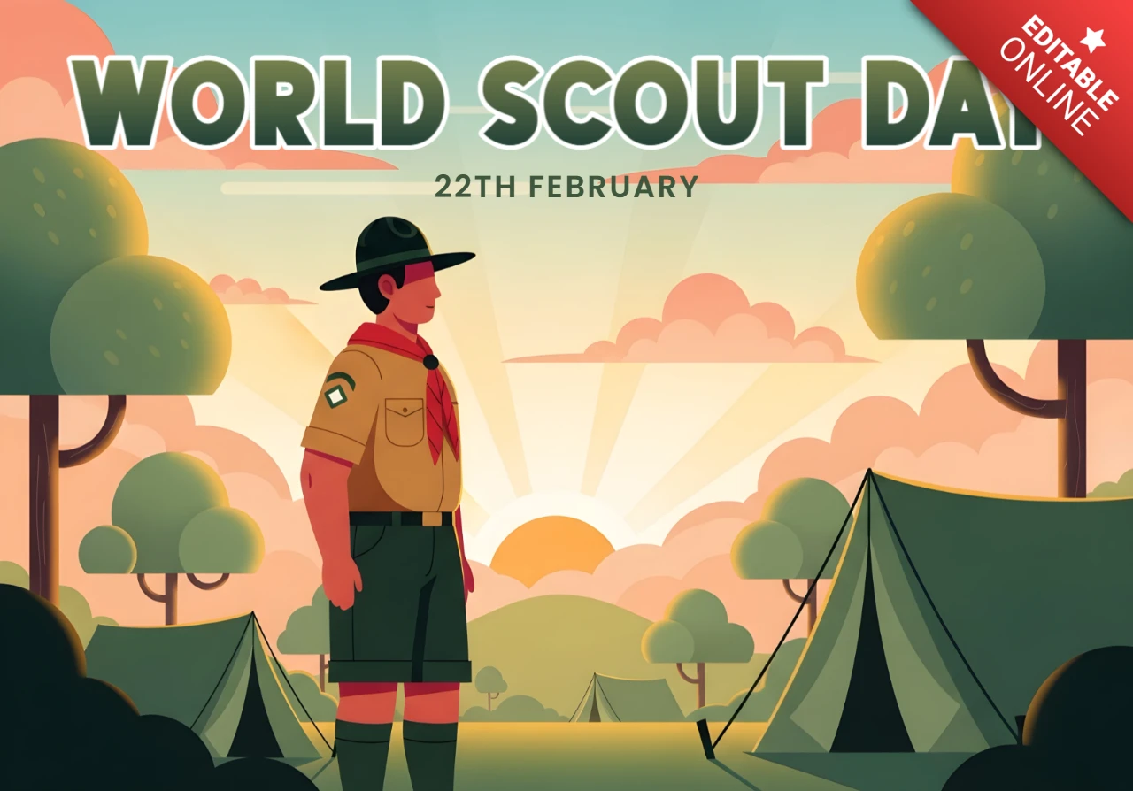 Modèle de design pour affiches de célébration de la journée mondiale du scout avec un scout dans une scène naturelle.
