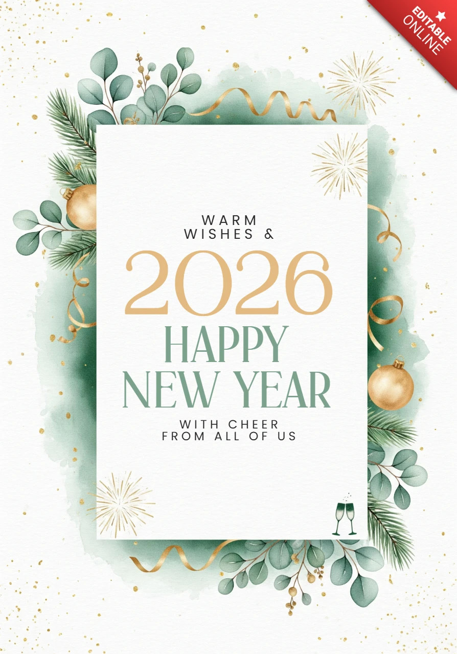 New Year Greeting Template Festive 2026 Design with Fireworks, Ribbon Curls, and Elegant Typography