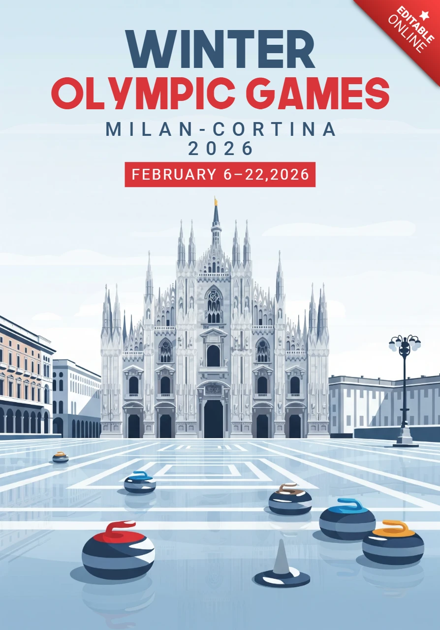 Winter-Milan-Cortina-Olympiade 2026 Plakat mit Curlingsteinen auf Eis, dem Mailänder Dom und einem verschneiten Platz.