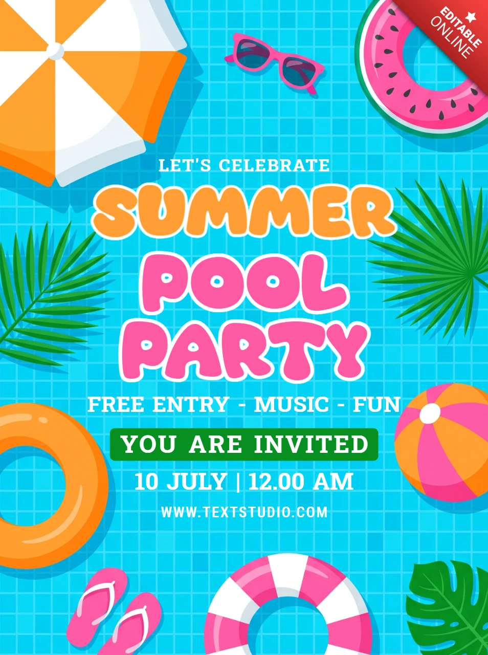 Colorful summer pool party invitation flyer with beach accessories and tropical palm leaves