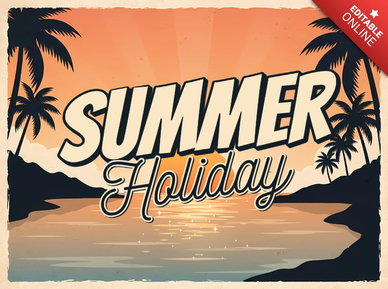 Retro Summer Holiday Greeting Card with Tropical Beach, Palm Trees and Sunset Landscape