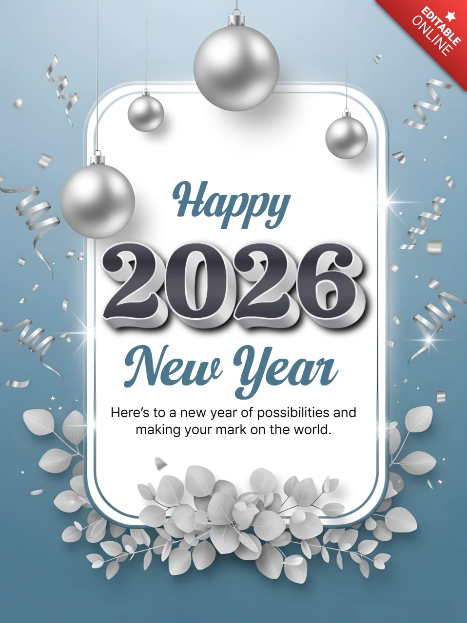 Modern New Year Celebration Template with Silver Ornaments and Floral Design for Greeting Cards