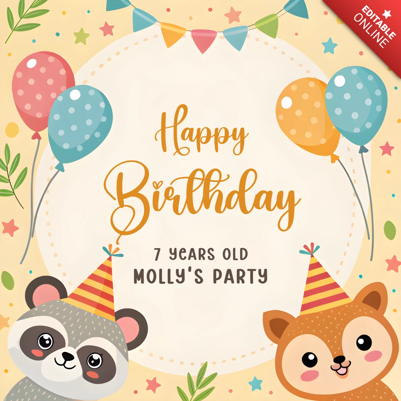 Whimsical Birthday Party Template Design for Kids - Editable with Cute Animal Characters