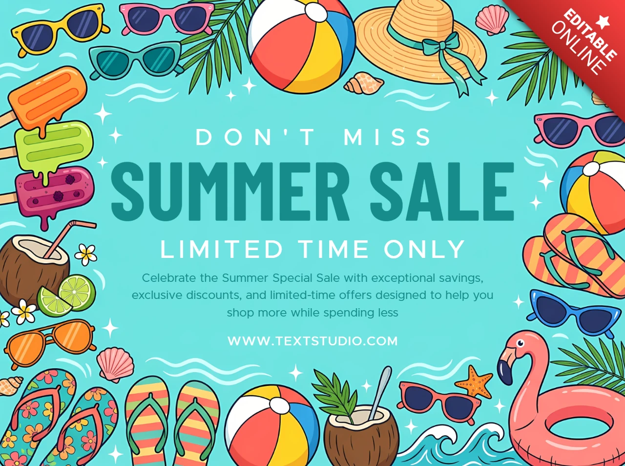 Banner promocional de venda de verão com acessórios de praia tropicais e elementos de flamingo
