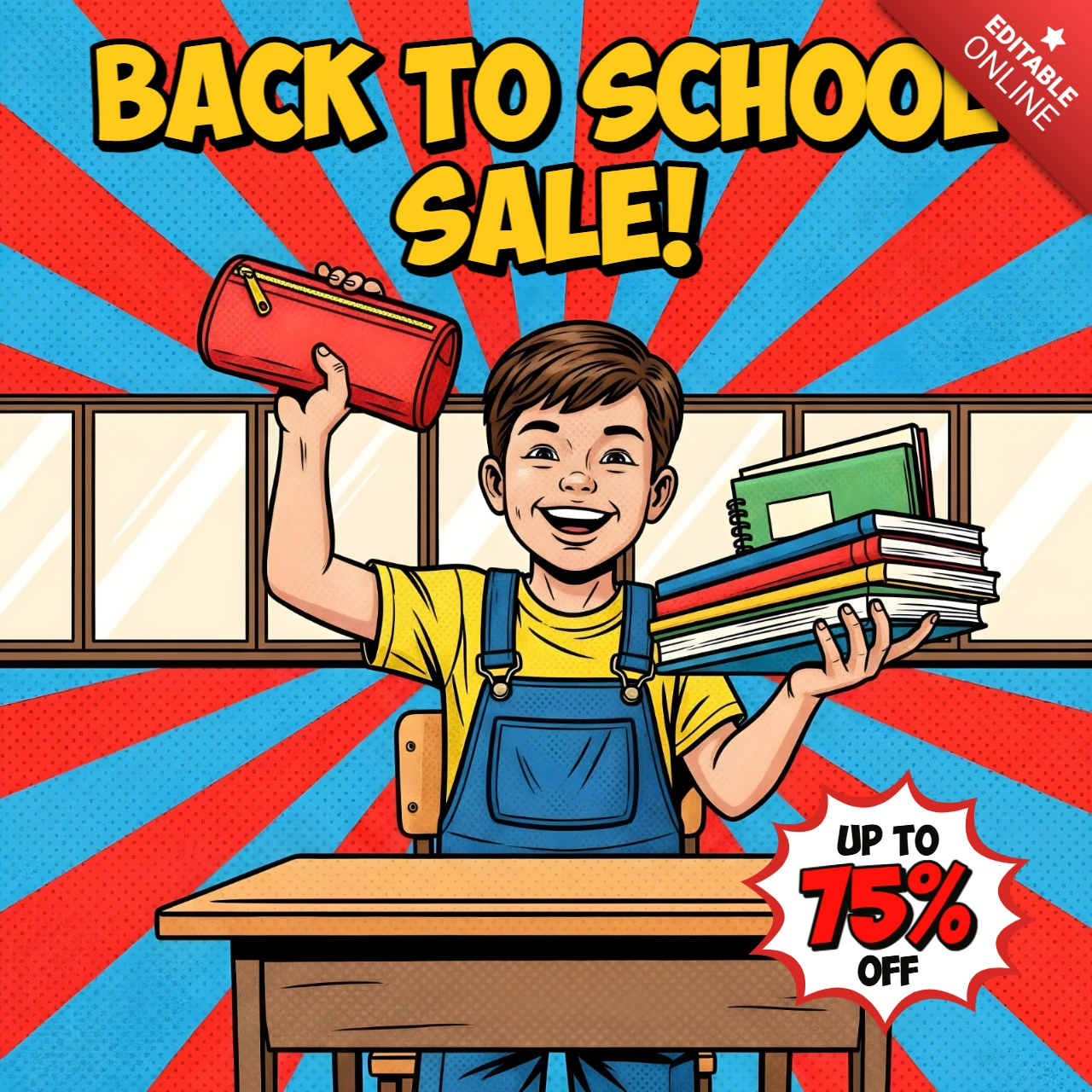 Arte de venda de volta às aulas em estilo de quadrinhos para estudantes, pronta para impressão, com livros e design de explosão de desconto para folhetos promocionais.