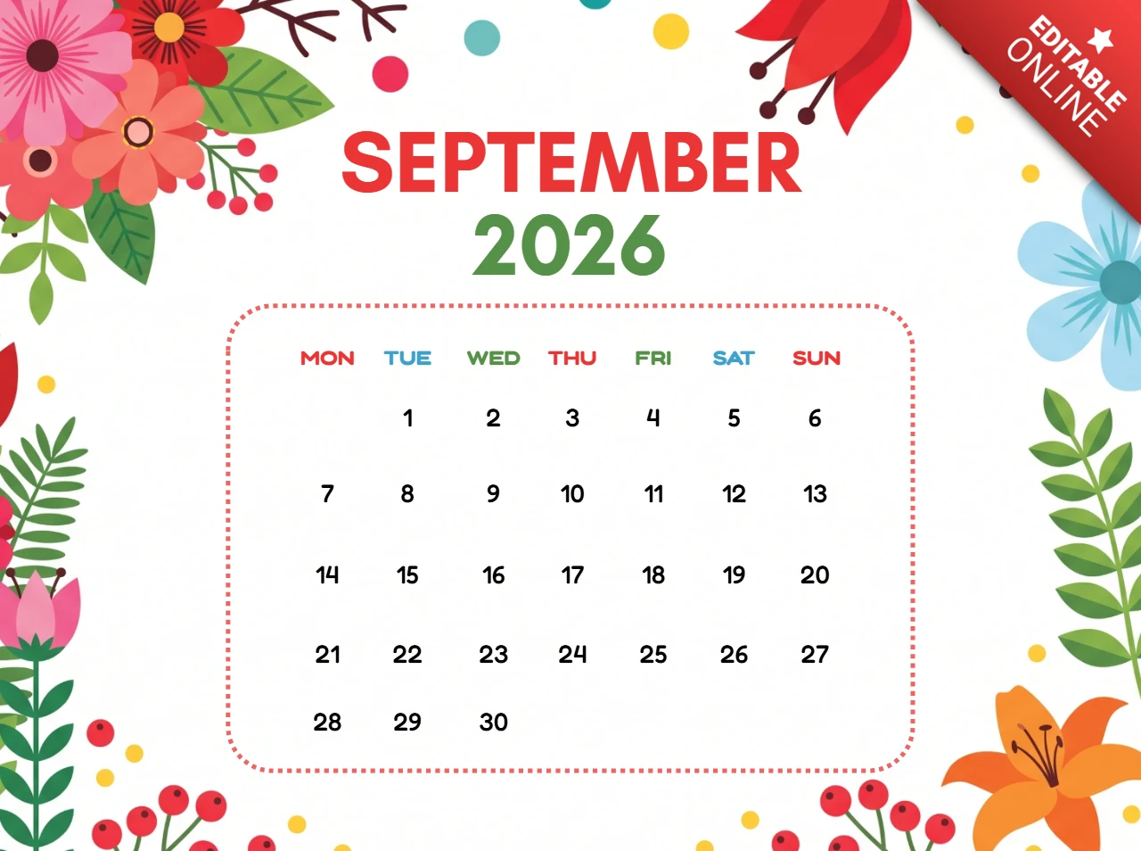September 2026 calendar page decorated with colorful flowers and leaves in a bright floral design