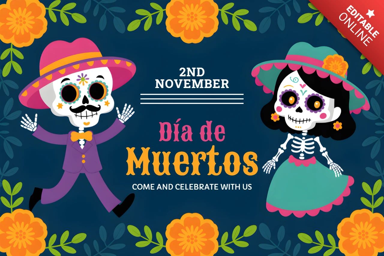 Dia de Muertos Celebration Template with Colorful Skeletons for Festive Flyers