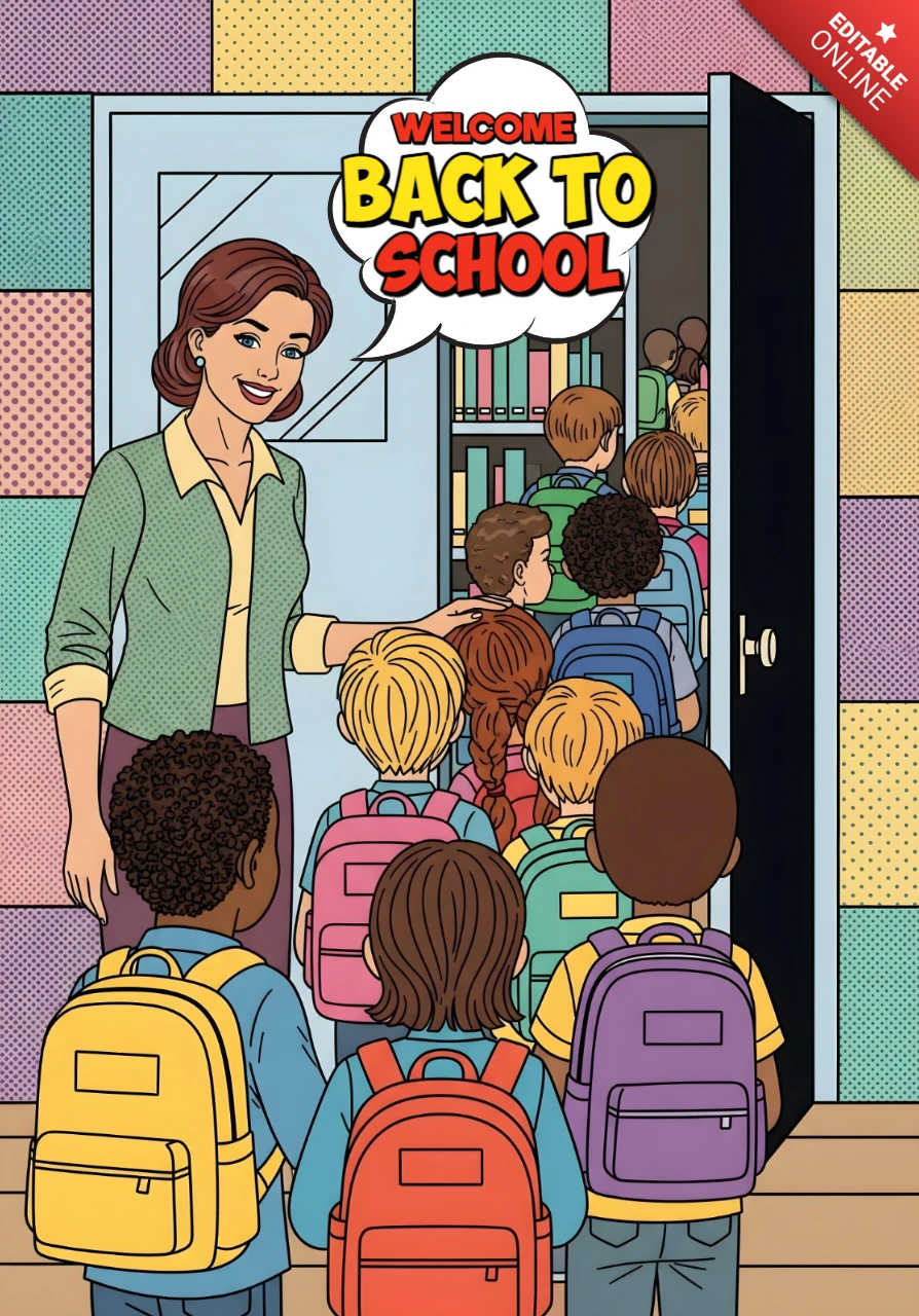 Back to School Students Entering Classroom with Teacher Greeting and Comic Signage Poster Design Template