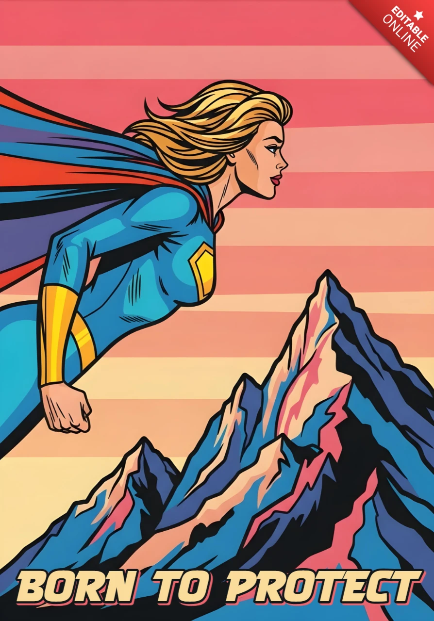 Nacido para proteger el diseño de cartel de superhéroe volador sobre la cordillera.