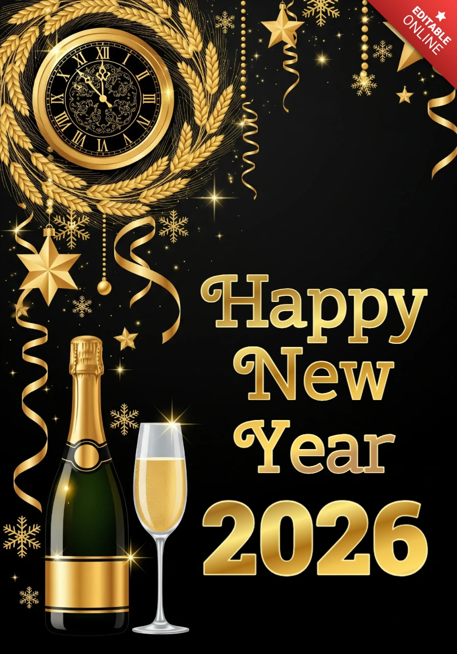 Midnight Countdown New Year 2026 Poster Black Background with Champagne, Clock & Golden Stars