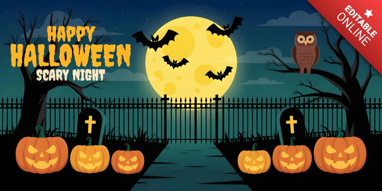 Plantilla de diseño de portada de YouTube de búho espeluznante en cementerio de Halloween, murciélagos y calabazas brillantes.