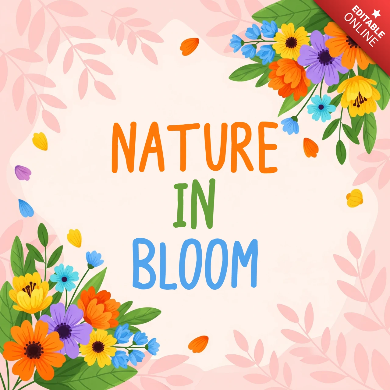Plantilla de diseño de banner de primavera floral con flores coloridas, borde decorativo y vibras frescas de temporada.