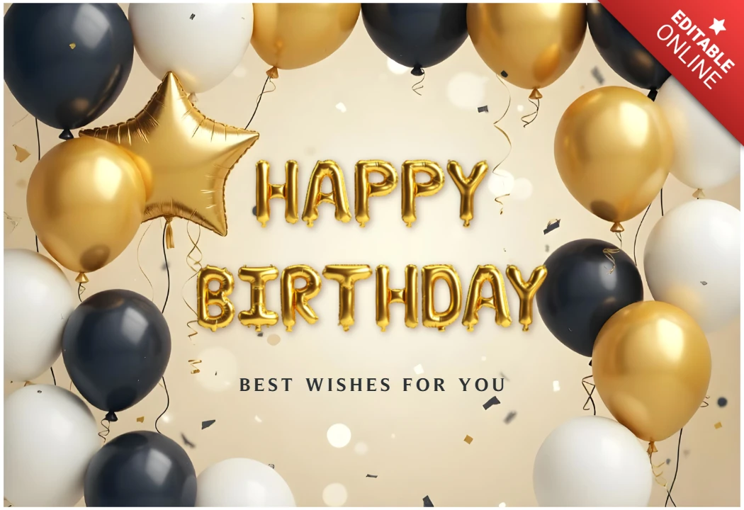 Geburtstag Grüße Design-Vorlage mit schwarzen und goldenen Ballons Konfetti