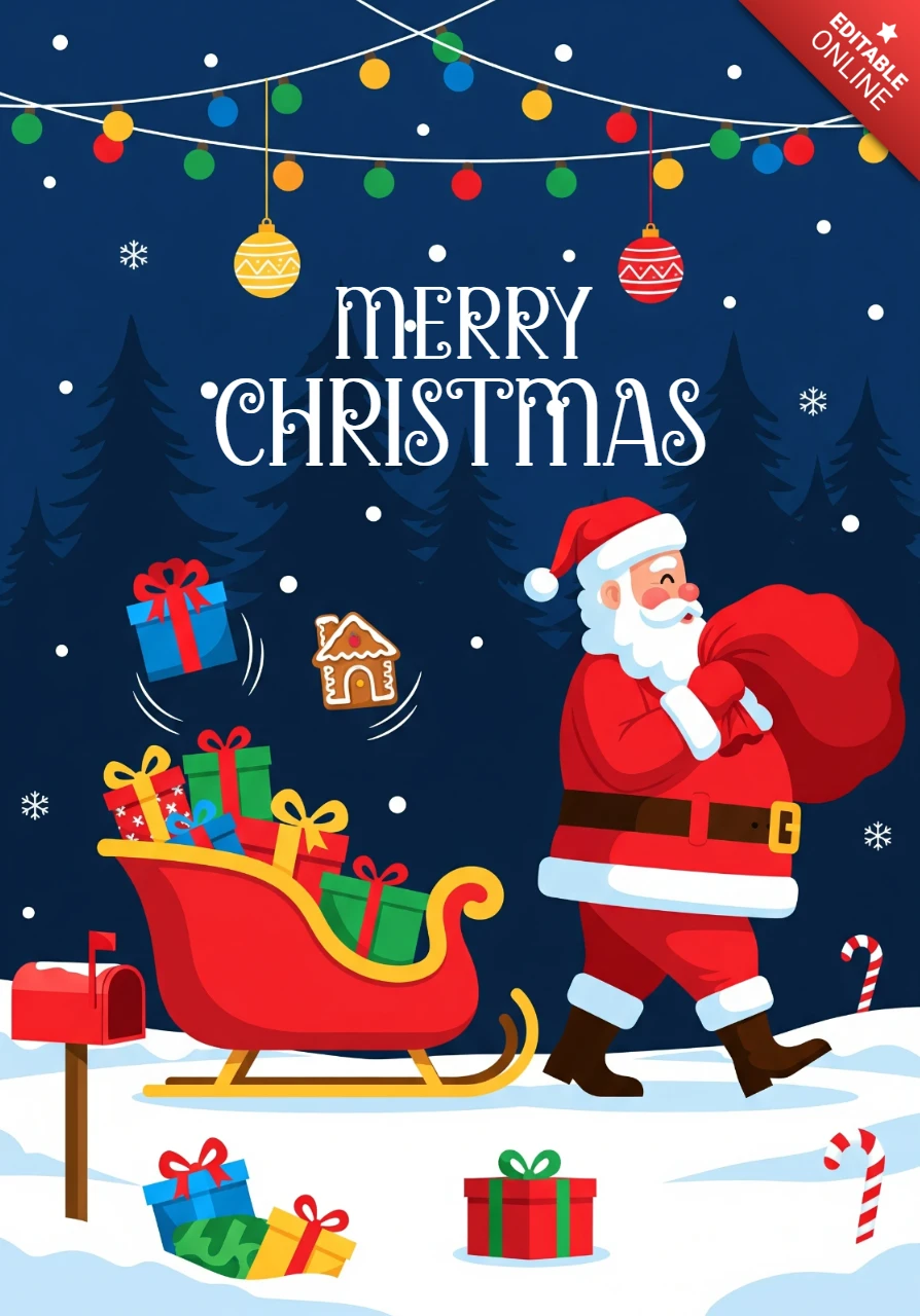 Santa Claus in Snow Scene with Sleigh, Mailbox, Gingerbread House, and Christmas Magic Poster Design Template