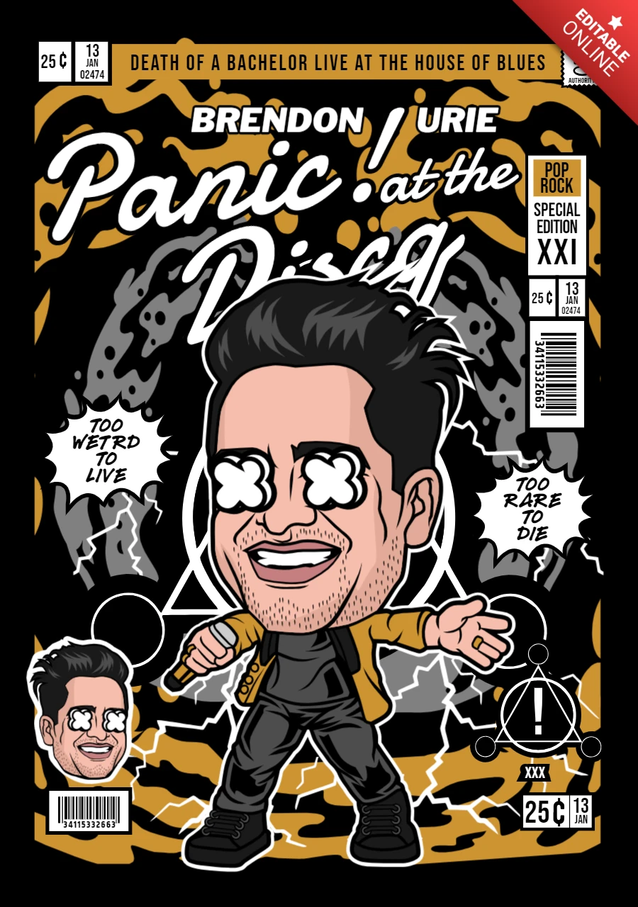 Brendon Urie Panic At The Disco Cartoon Magazine Cover Design Template