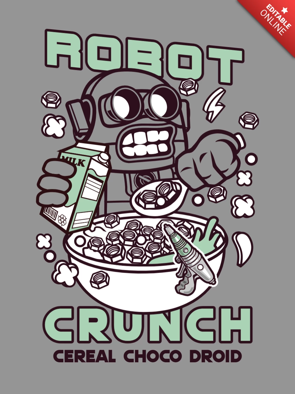 Modelo de design de camiseta de desenho animado de café da manhã de robô