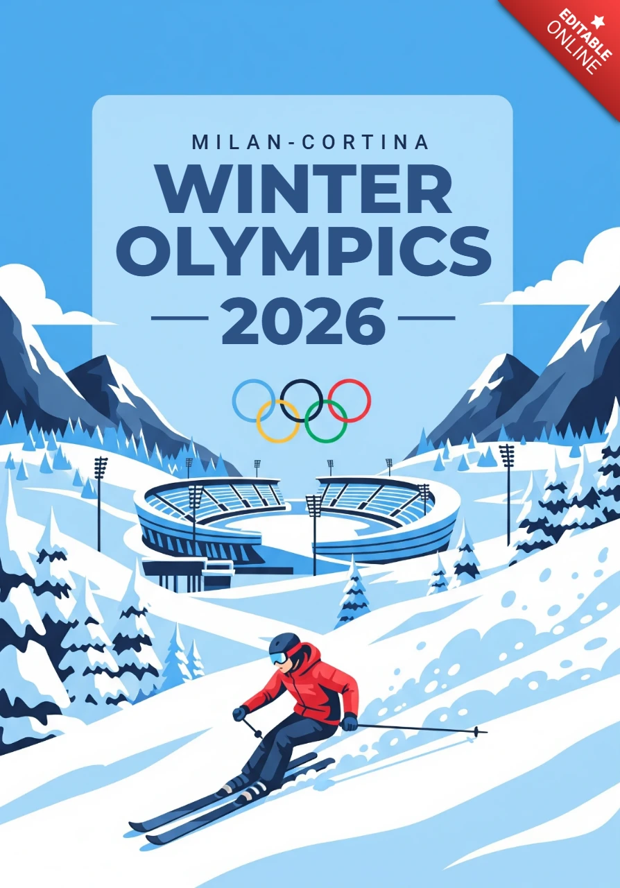 Póster escénico de los Juegos Olímpicos de invierno Milán-Cortina 2026 con esquiador, luces del estadio y picos montañosos.