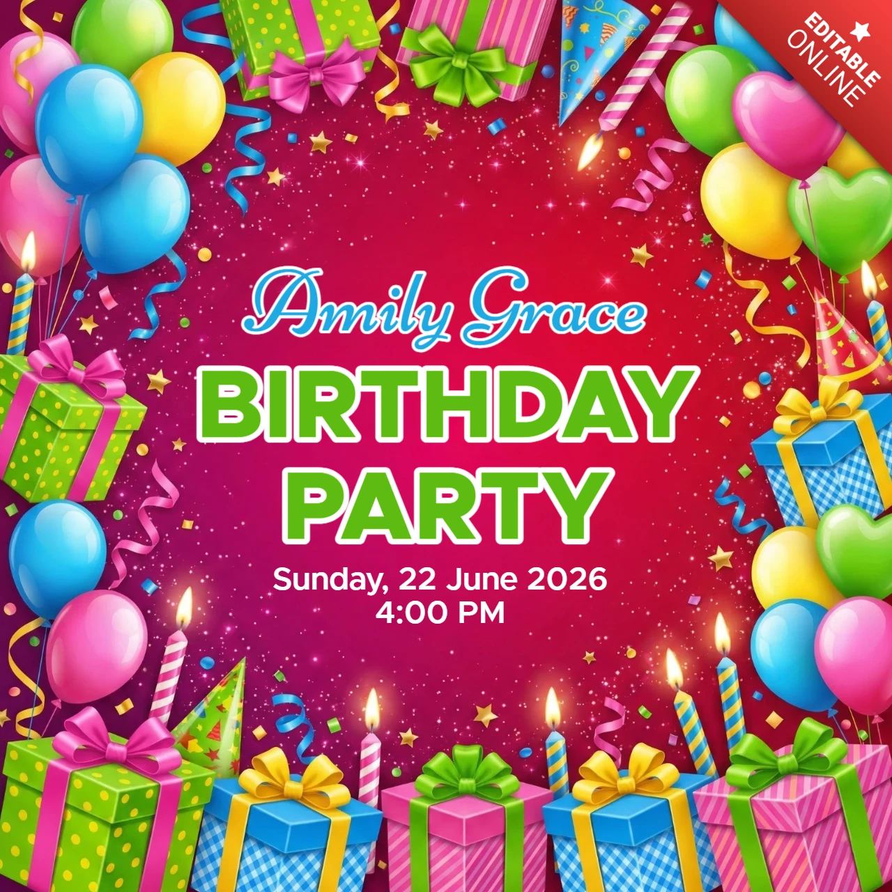 Póster decorativo de invitación de cumpleaños fondo rojo con globos, regalos y diseño de fiesta festiva.