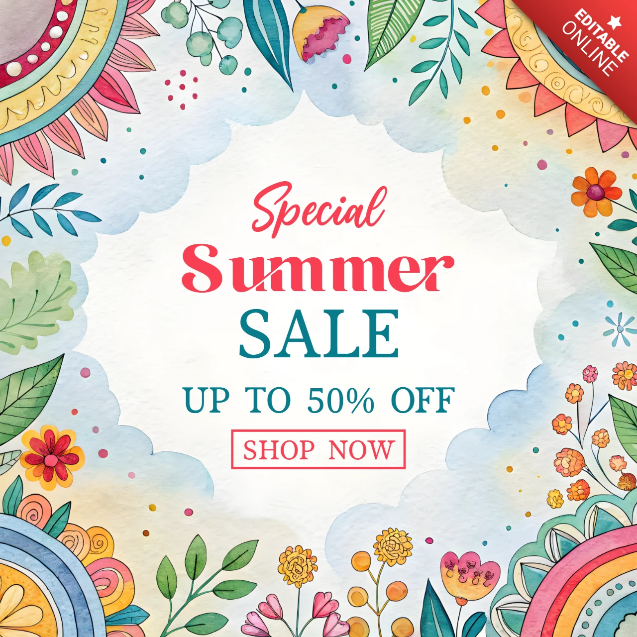 Summer Sale Watercolor Design Template - Editable Floral Promotion