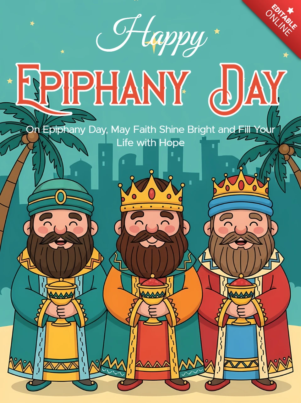 Feliz dia da epifania modelo de design com reis para cartões de saudação