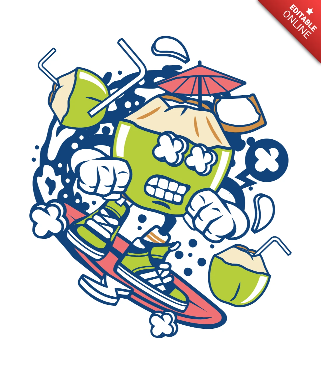 Surfing Coconut Cartoon Character Design Template