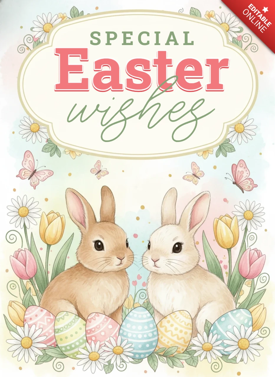 Besondere Osterwünsche-Plakat – Hasen, Eier, Blumen und Schmetterlinge in Pastellverlauf