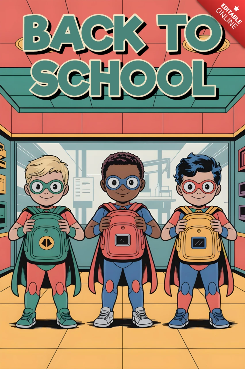 Volta às aulas, estudantes super-heróis na entrada da escola com capas e mochilas simbólicas, modelo de design de pôster.