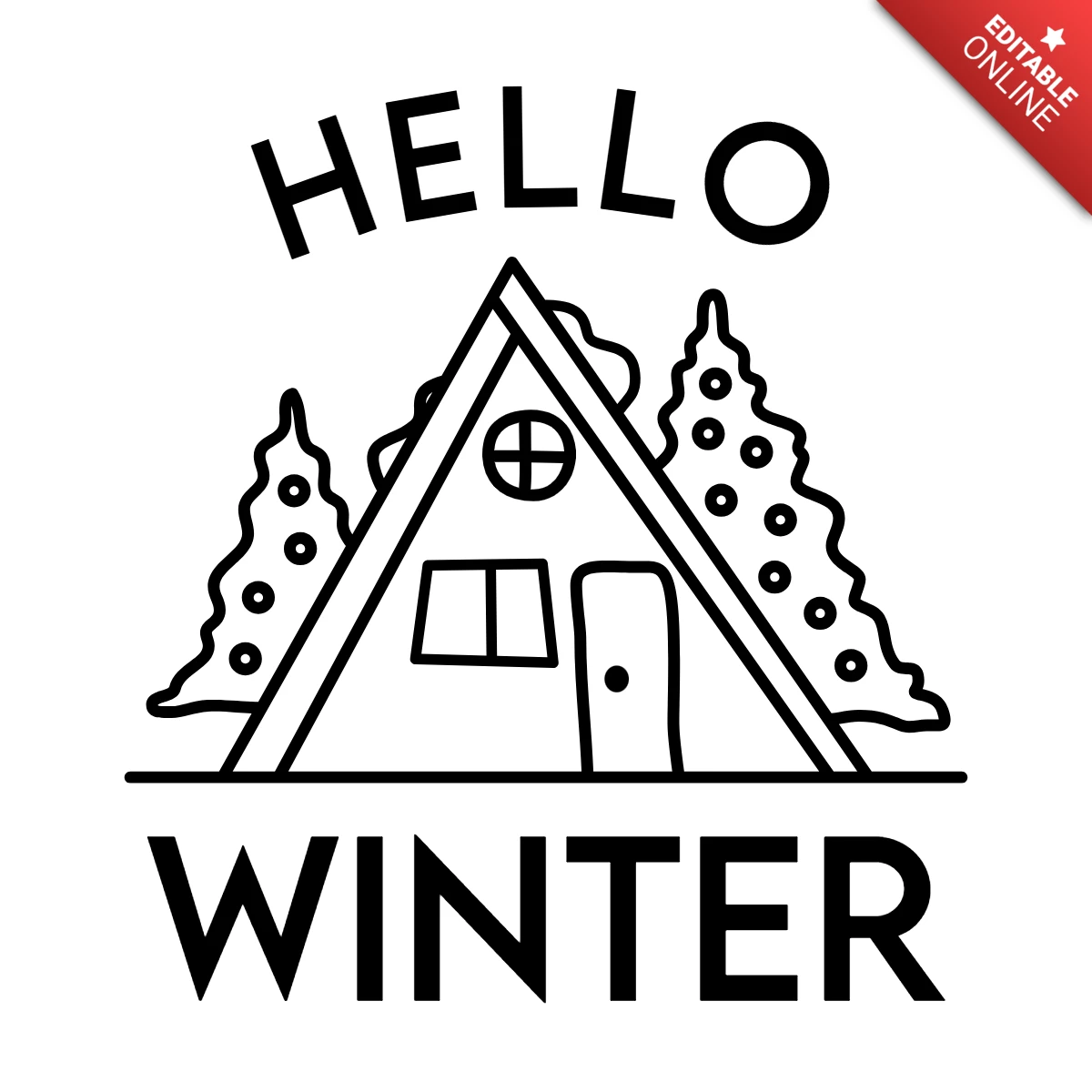Hola invierno bosque cabaña silueta línea de arte logotipo plantilla de diseño
