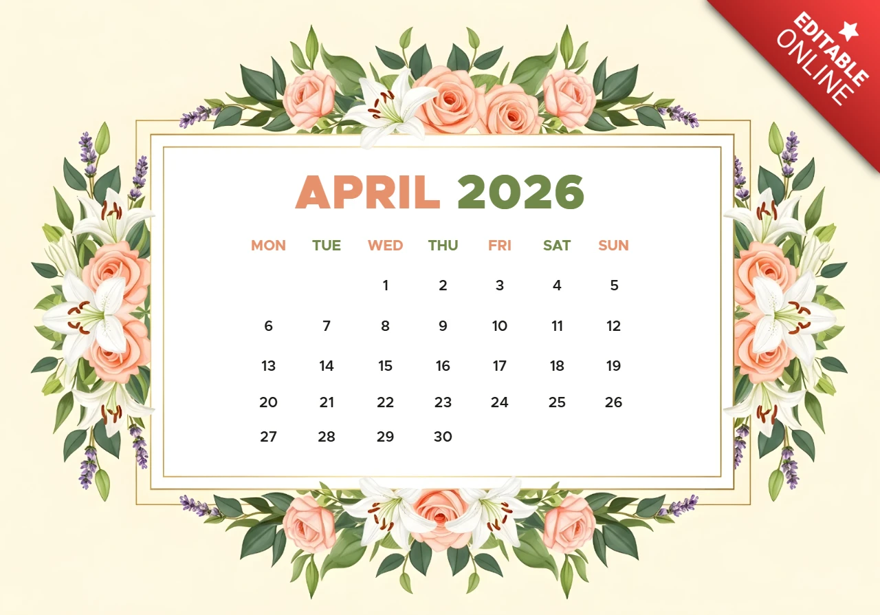 2026年4月のカレンダーポスター — 桃色のバラ、白いユリ、紫のアクセント、装飾的な花のデザイン
