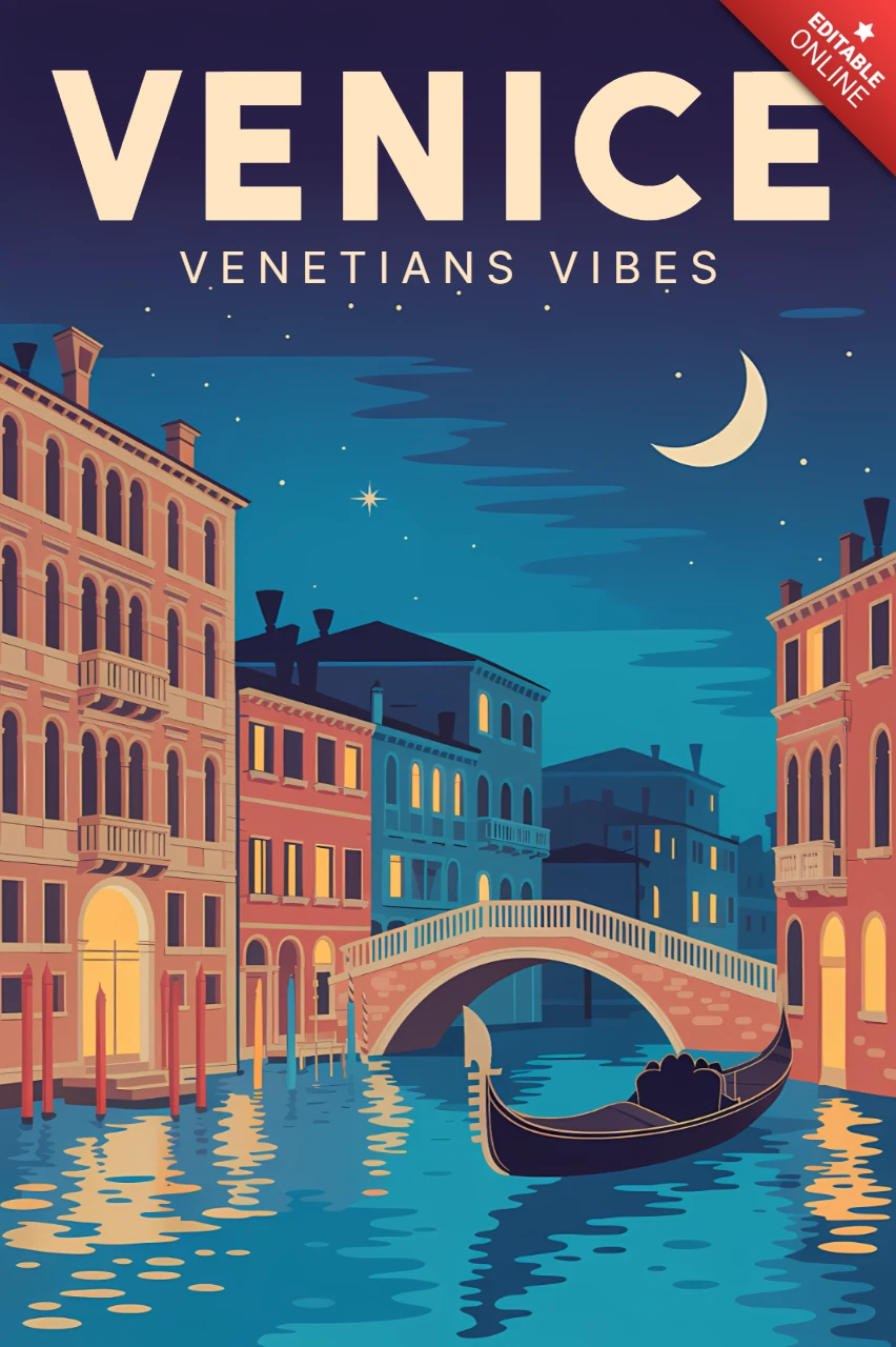 Venedig Nachtszene mit Designvorlage für Reiseposter der Seufzerbrücke