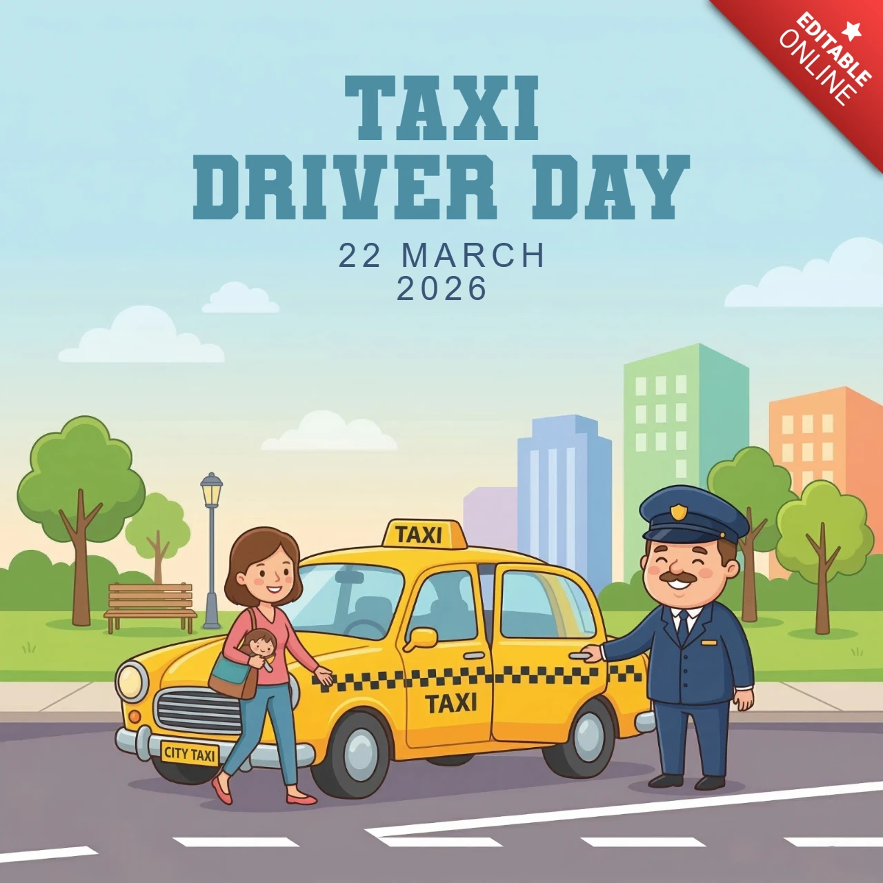 Celebre o dia do motorista de táxi com um cartaz de conscientização apresentando o motorista, o passageiro, o táxi e a paisagem urbana.