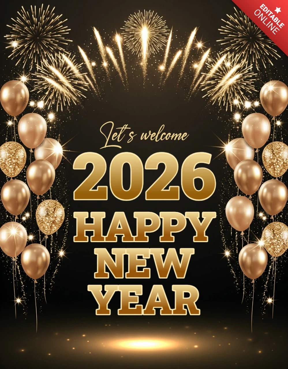 Modèle de vœux pour la nouvelle année élégant 2026 avec des lumières scintillantes et une touche de célébration