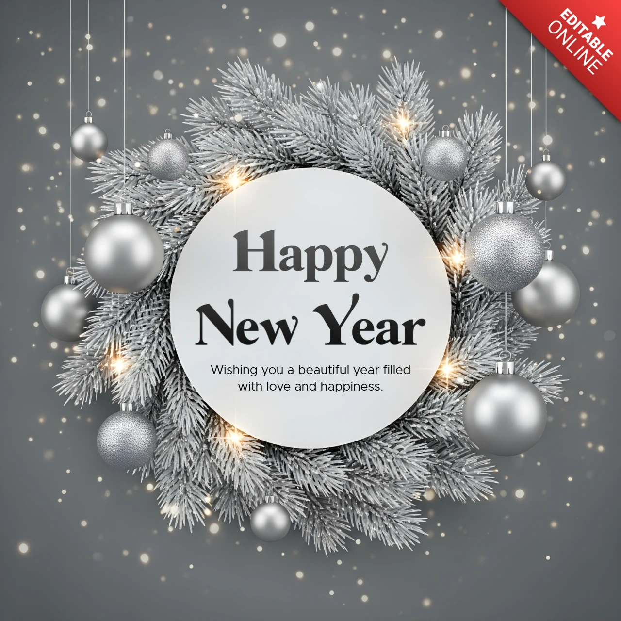 Neujahrsgrußkarten-Vorlage mit silbernen Ornamenten und Tannenzweigen-Design