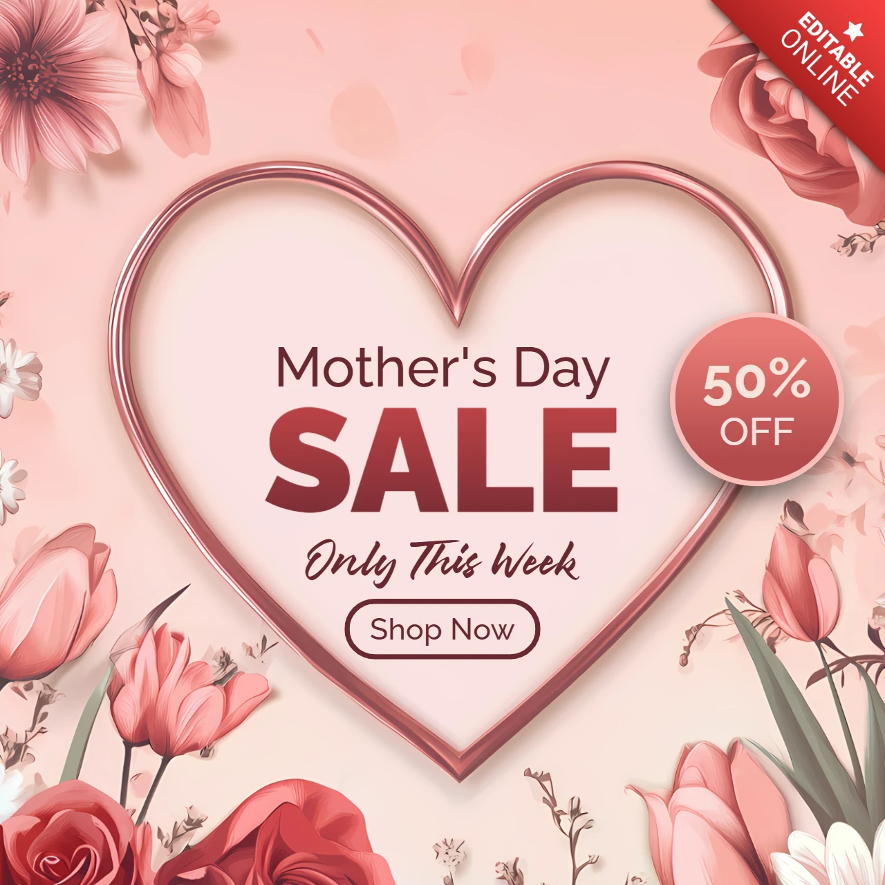 Plantilla con diseño de corazón floral para promoción de rebajas del día de la madre