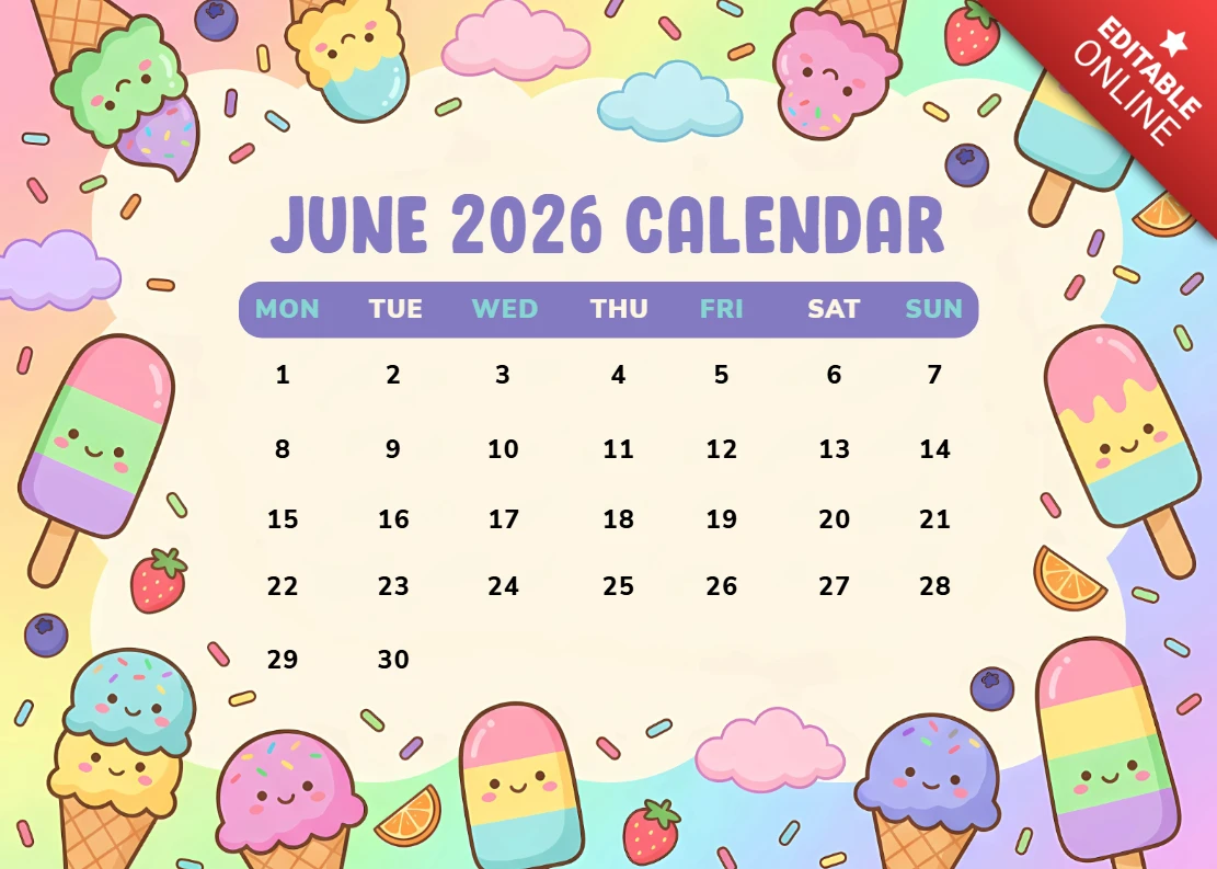 June 2026 Monthly Calendar with Kawaii Ice Cream Characters and Dessert Elements