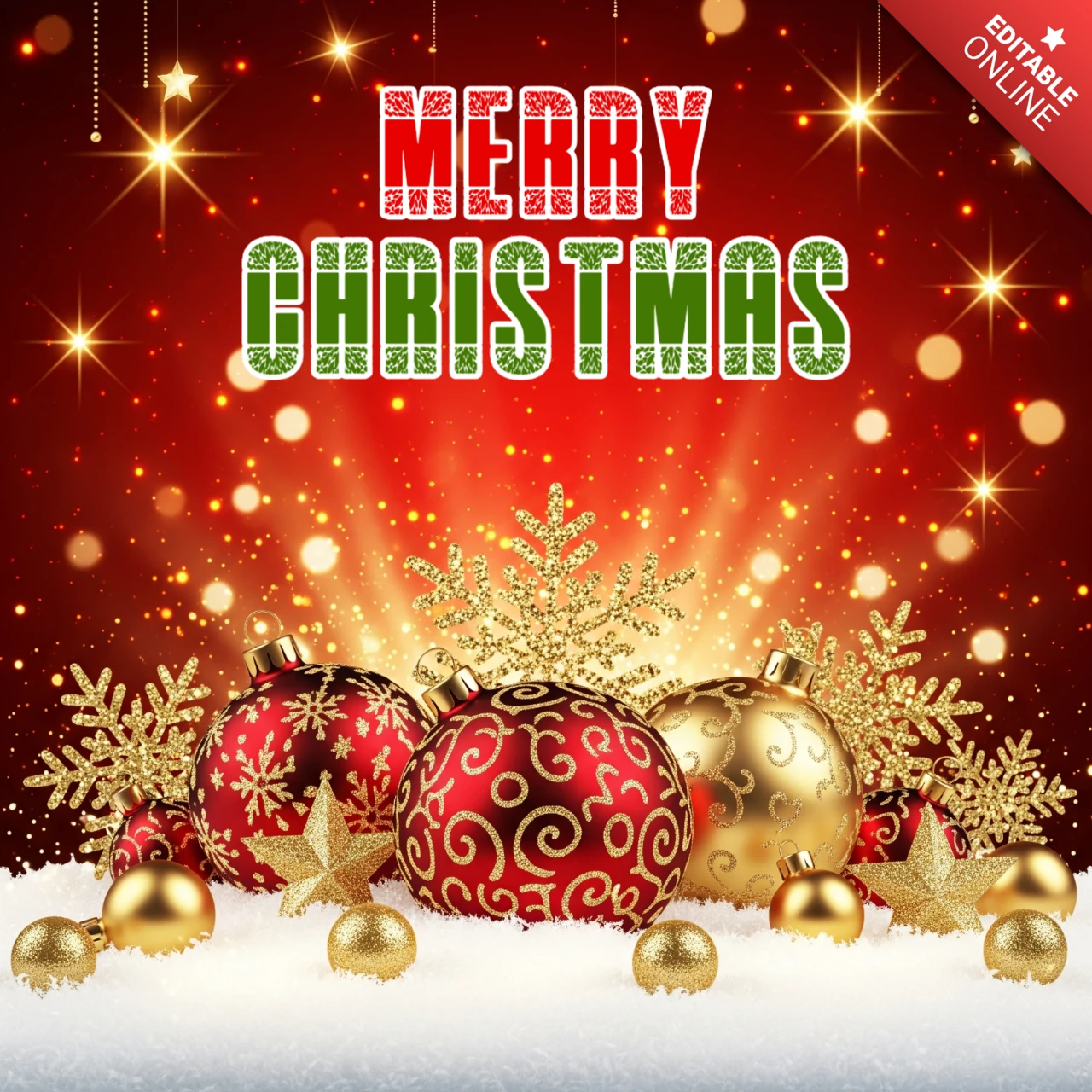 Red and Gold Ornaments with Snowflakes and Glowing Lights Framing Christmas Greeting Poster Design Template