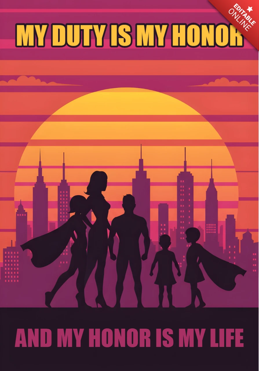 Stad van eer superheld silhouetten met zonsondergang en inspirerende quote poster ontwerp sjabloon