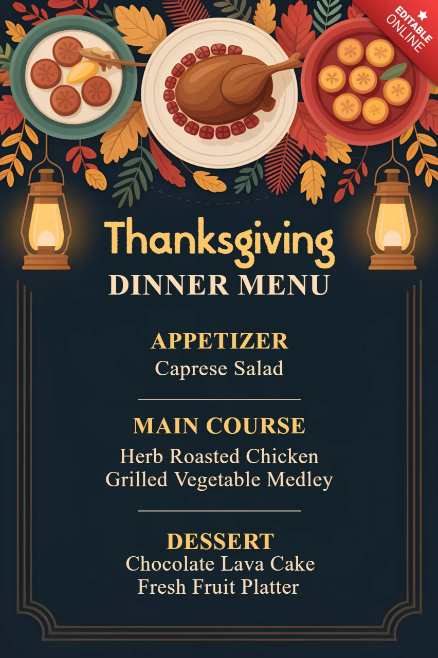 Modèle de menu de dîner de Thanksgiving avec des éléments d'automne pour des événements festifs