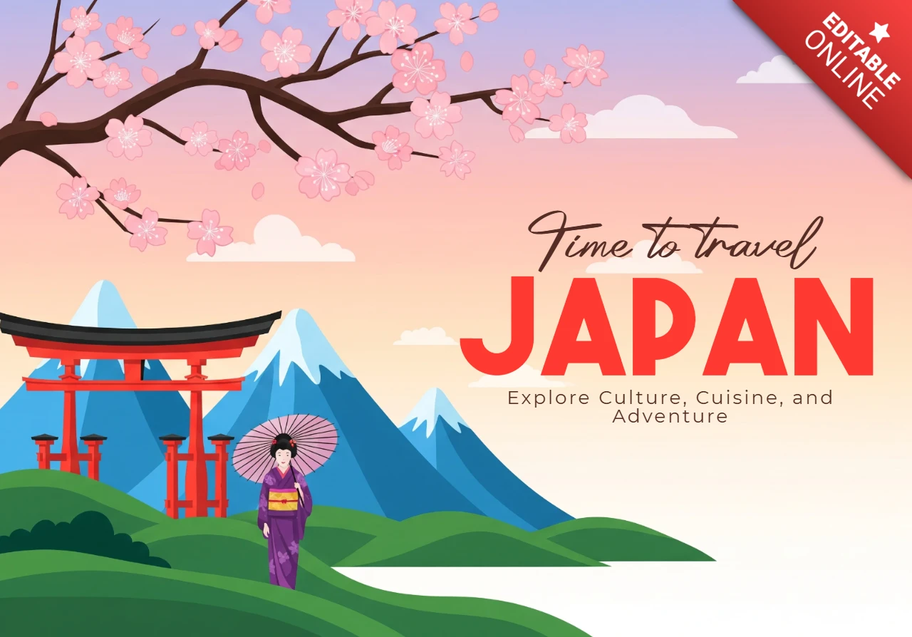 Pôster de viagem do Japão com portão torii e flores de cerejeira emoldurando uma cena de montanha pacífica.