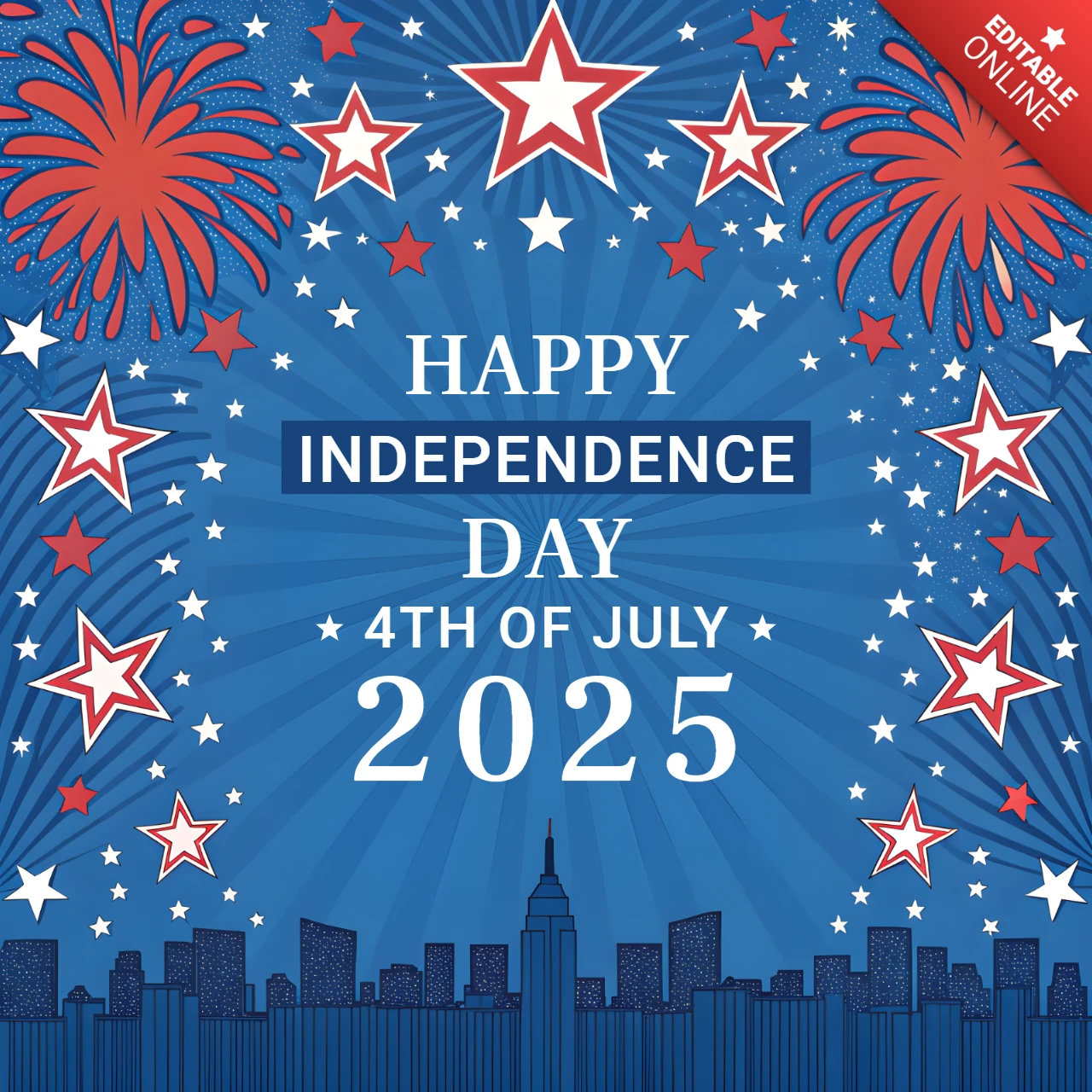 Plantilla de celebración del día de la independencia con diseño de fuegos artificiales y estrellas.