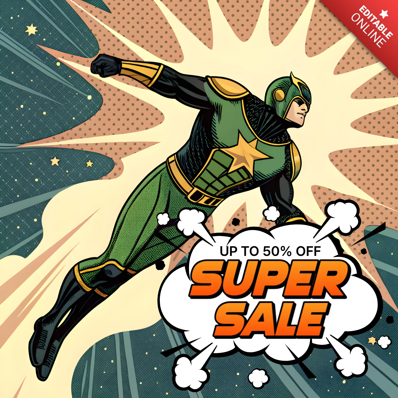 Comic-Stil Superhelden-Verkaufsvorlage für Werbeflyer
